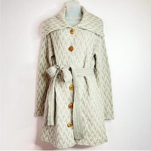 Anthropologie Moth Gray White Chevron Tie Waist Sweater Coat